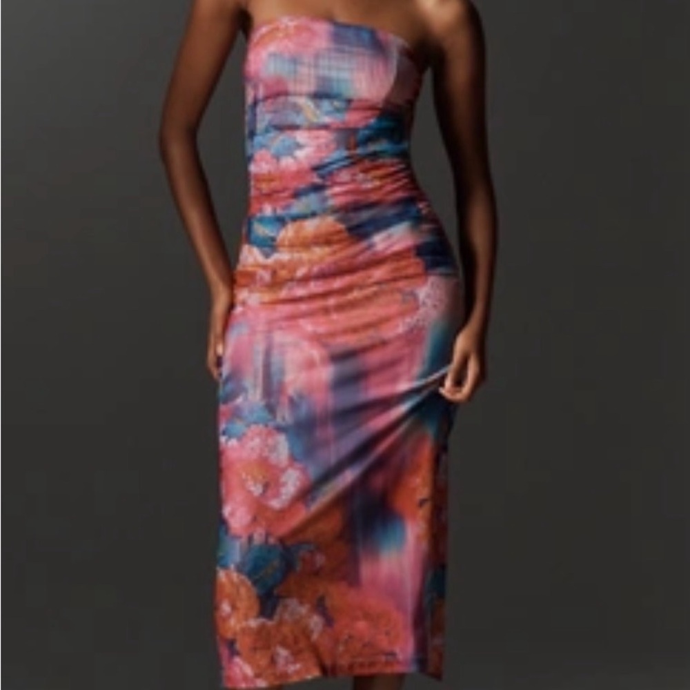 Anthropologie rouched  Floral Strapless Dress nwt M